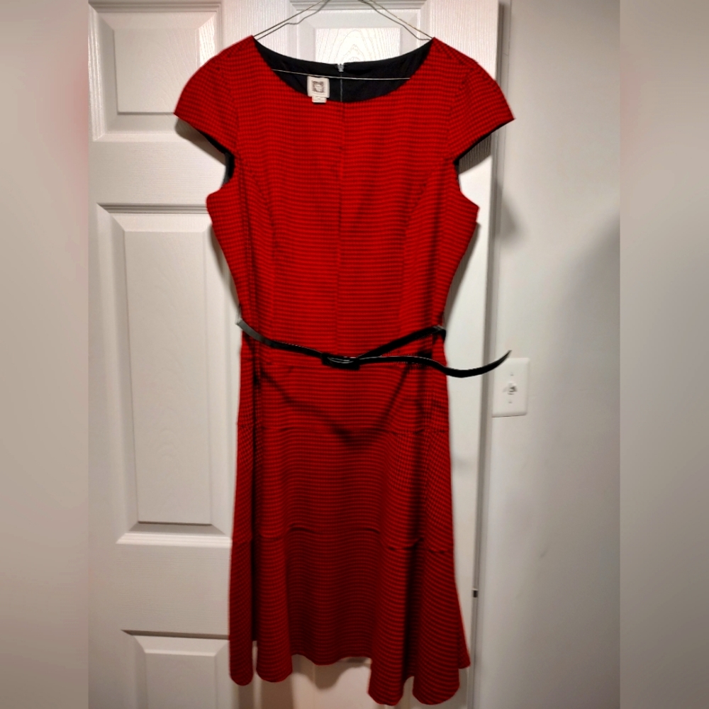 Anne Klein red/black herringbone design cap sleeve dress Sz 14